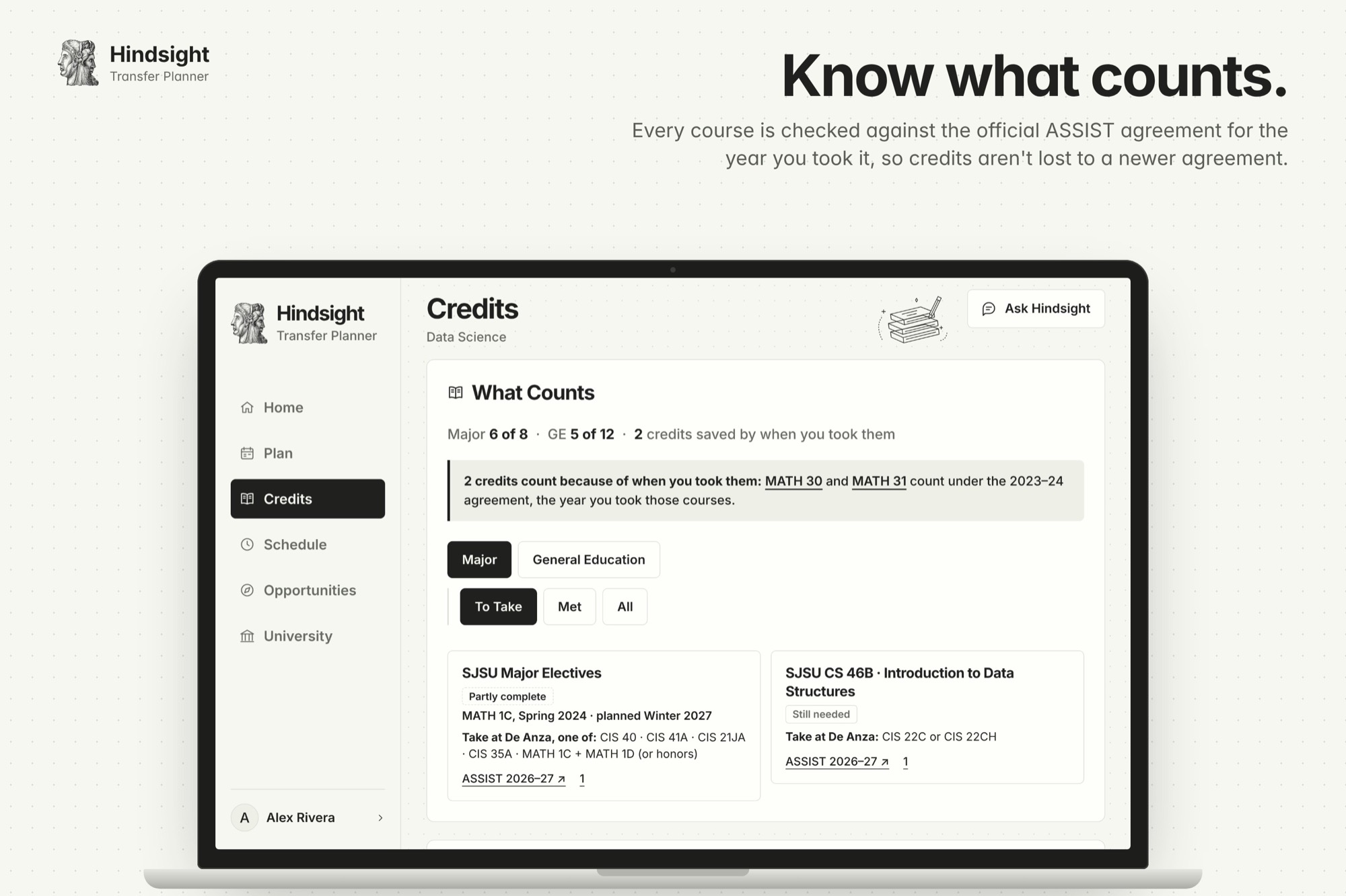 Credits page: requirements met, GE areas done, and each open requirement with the ASSIST agreement behind it