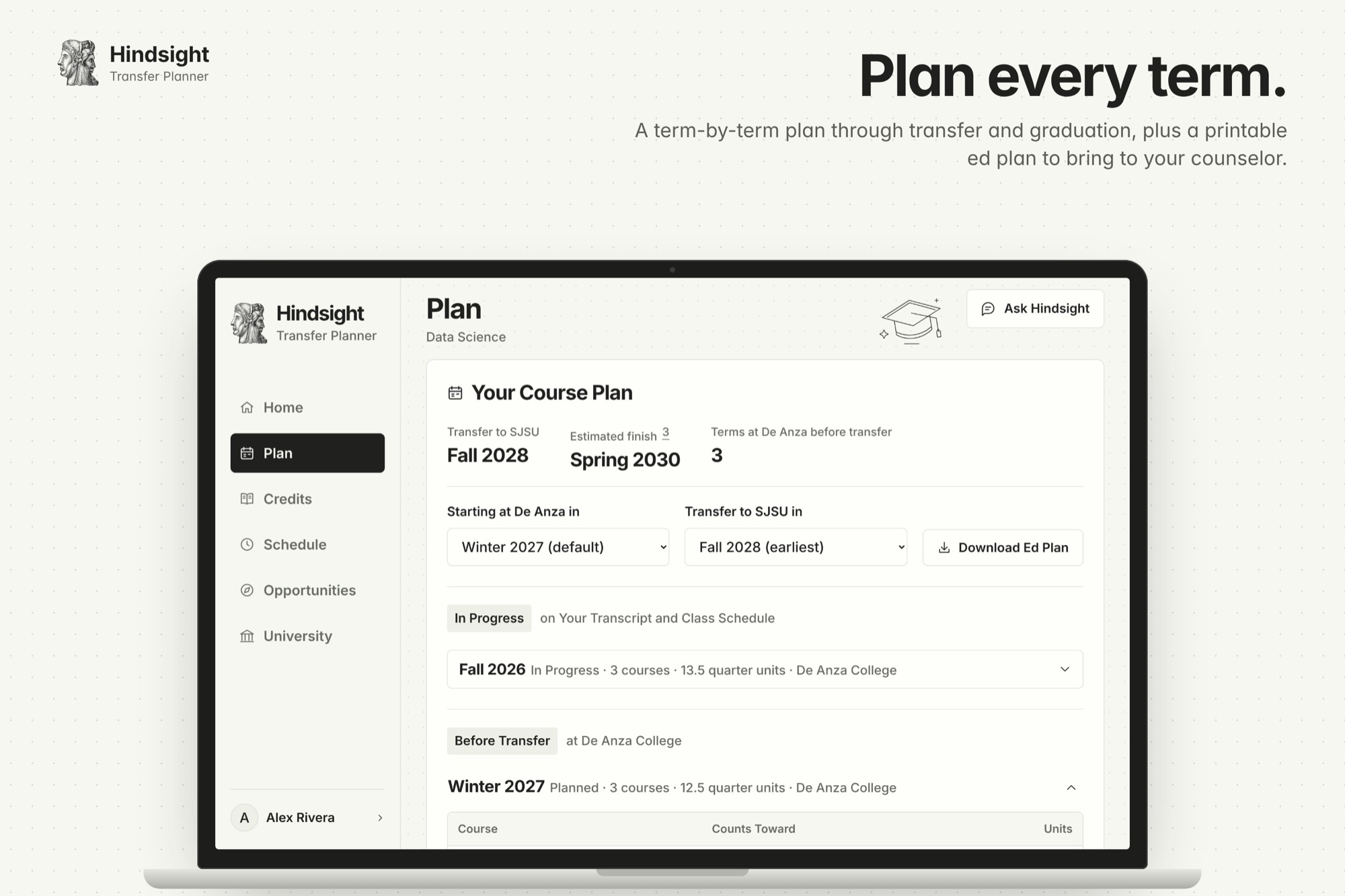Plan page: transfer term, estimated finish, start and transfer controls, and the course plan by term