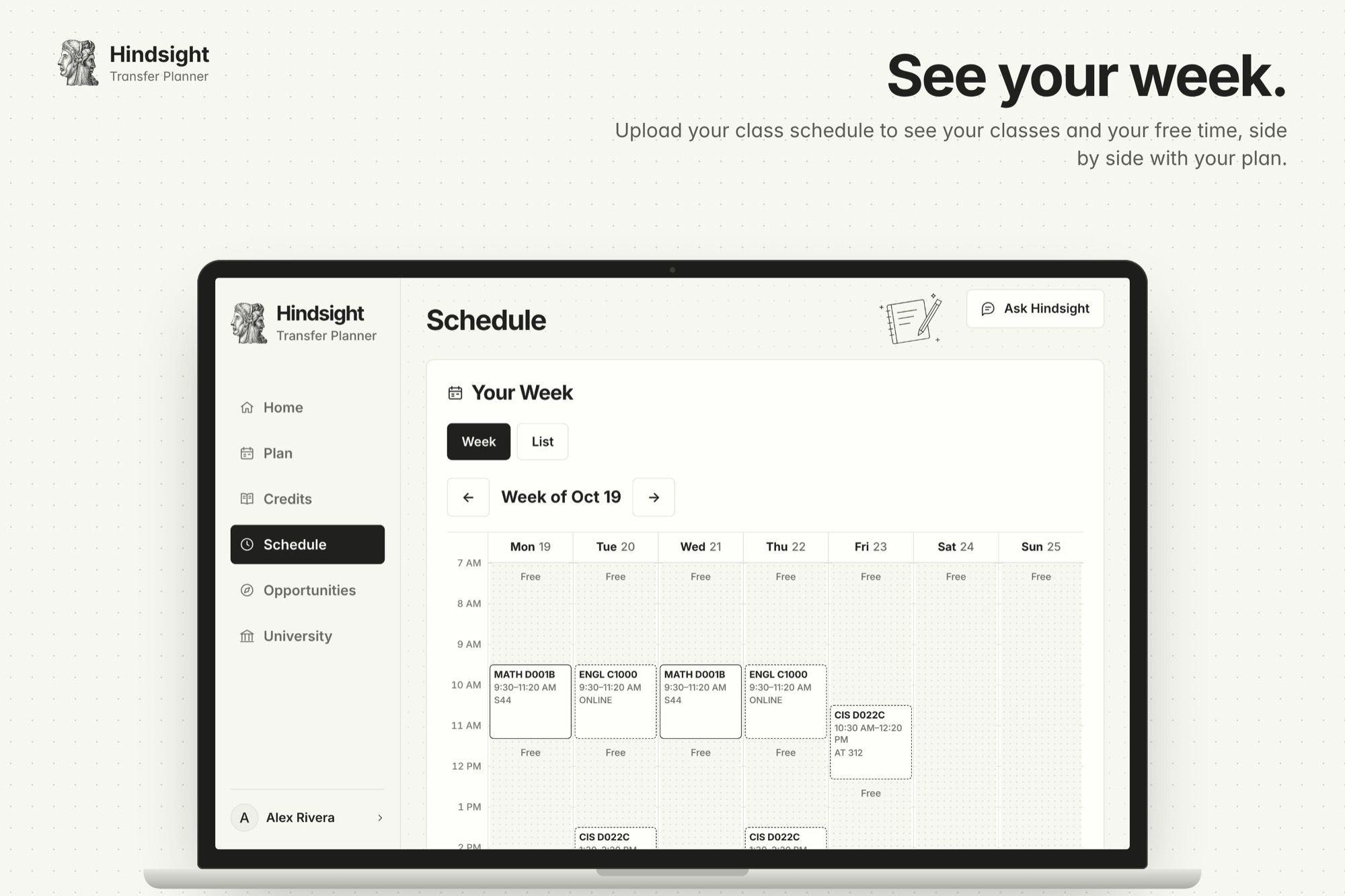 Schedule page: a week grid with classes and free time