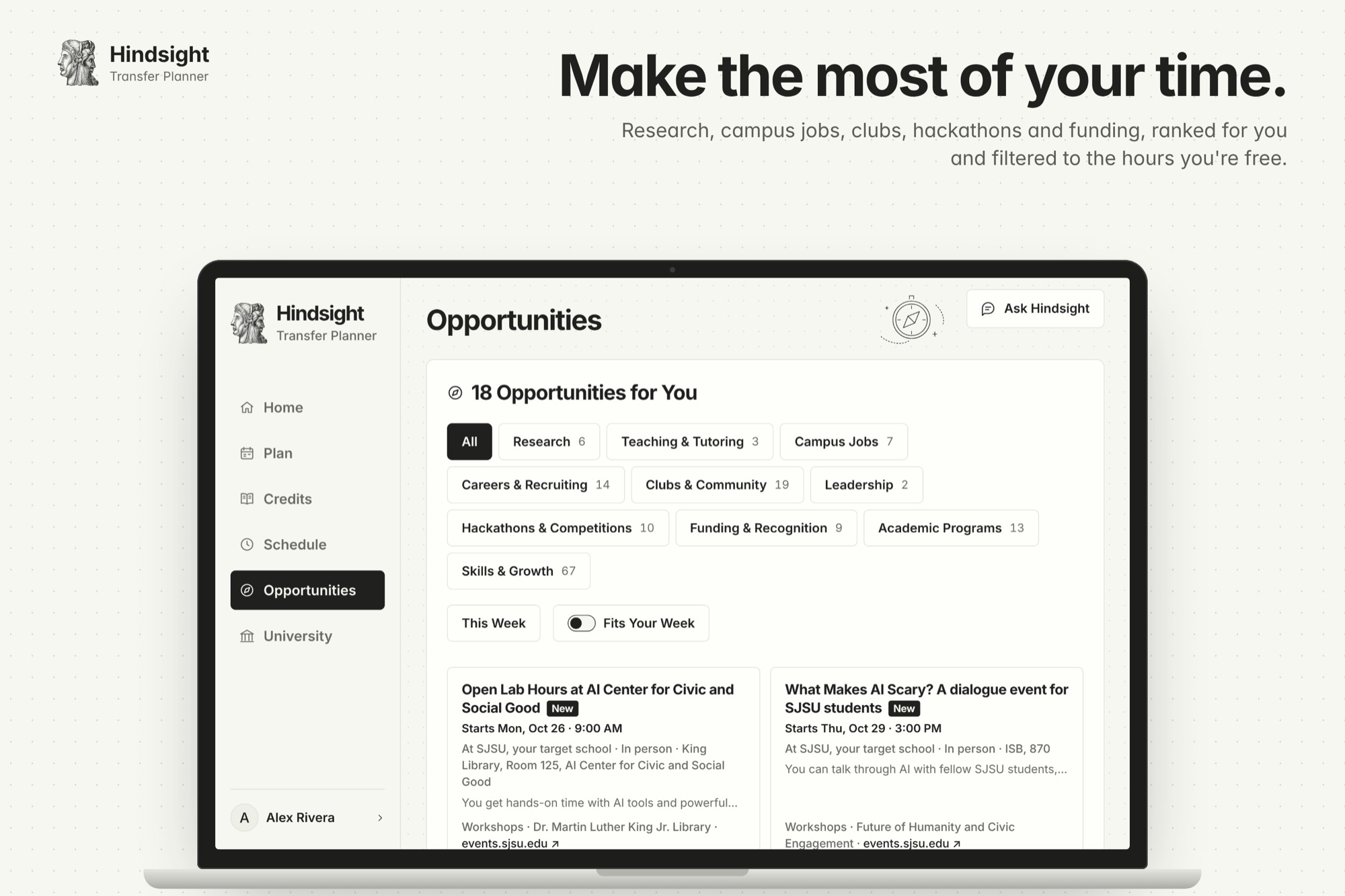 Opportunities page: campus listings by category, with This Week and Fits Your Week filters