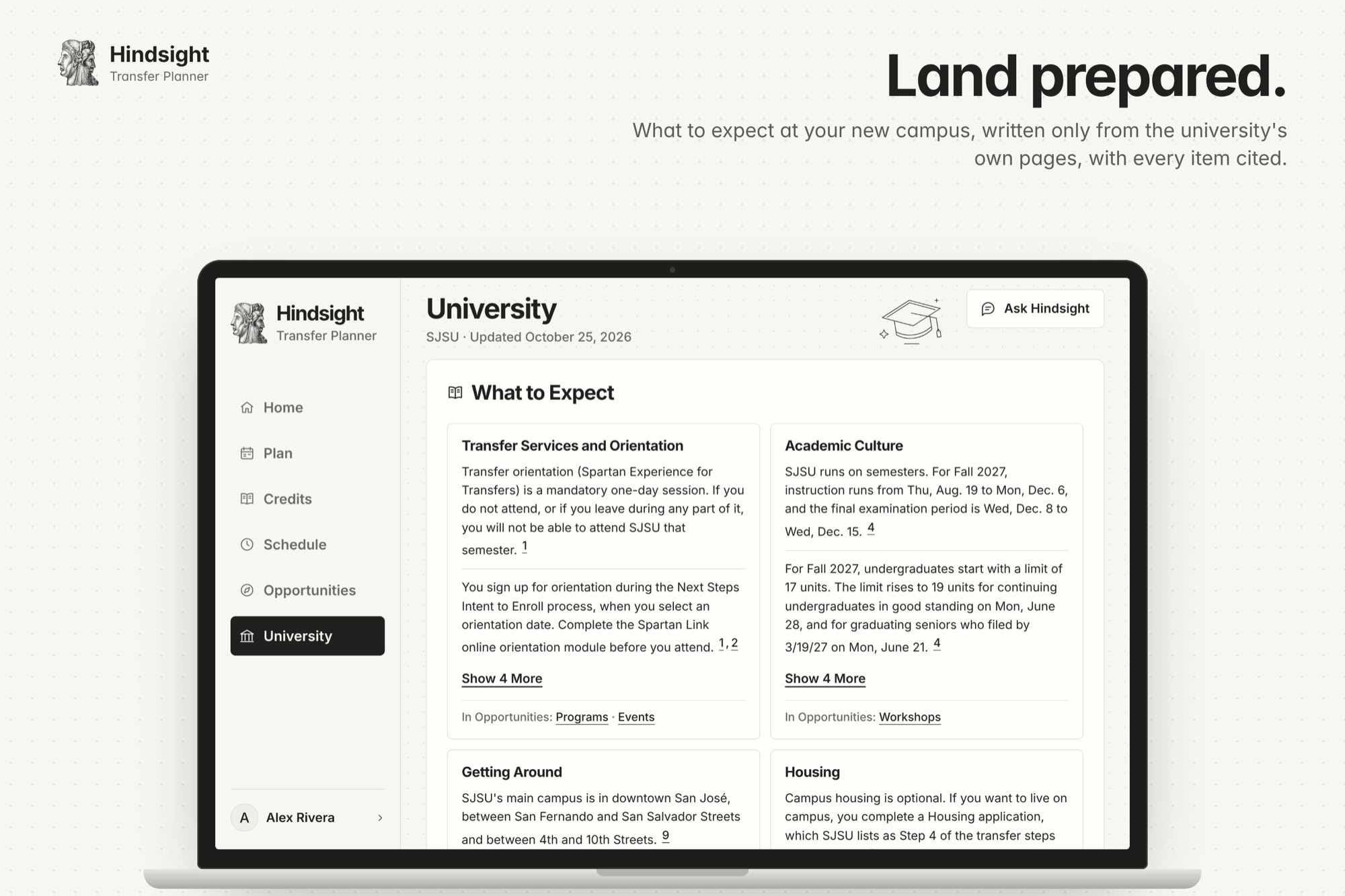 University page: What to Expect sections on orientation, academic culture, getting around and housing, each with numbered citations