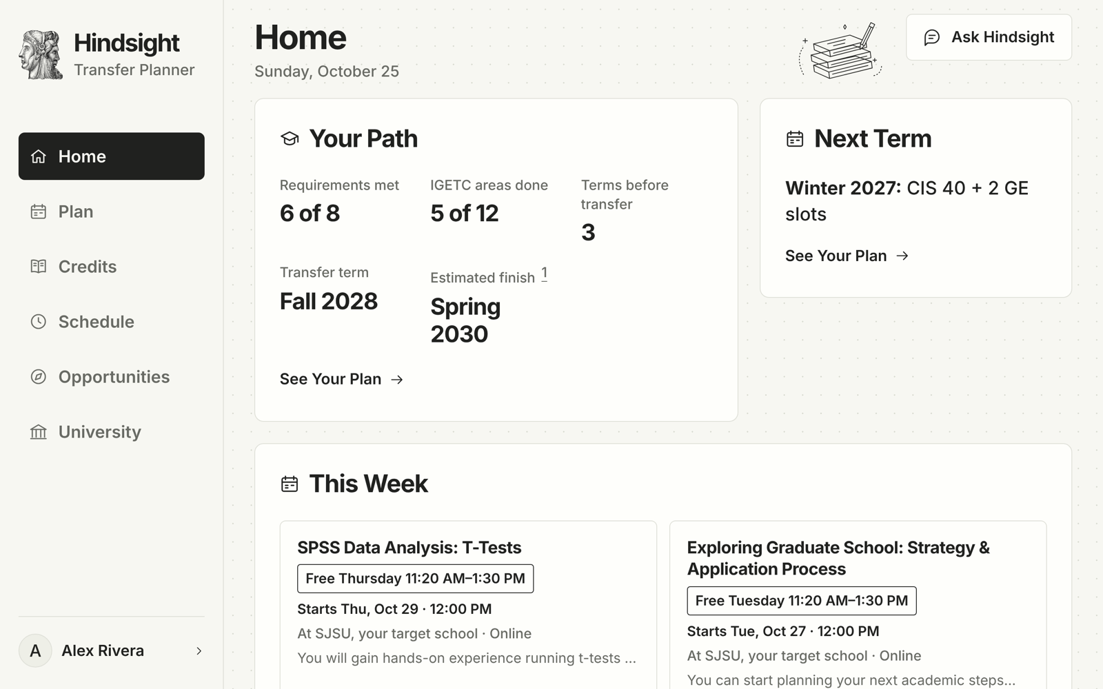 Hindsight’s Home screen: the student’s path (requirements met, IGETC areas done, terms before transfer, transfer term and estimated finish) beside the next term’s courses, and below them this week’s campus opportunities that fit the student’s free time.